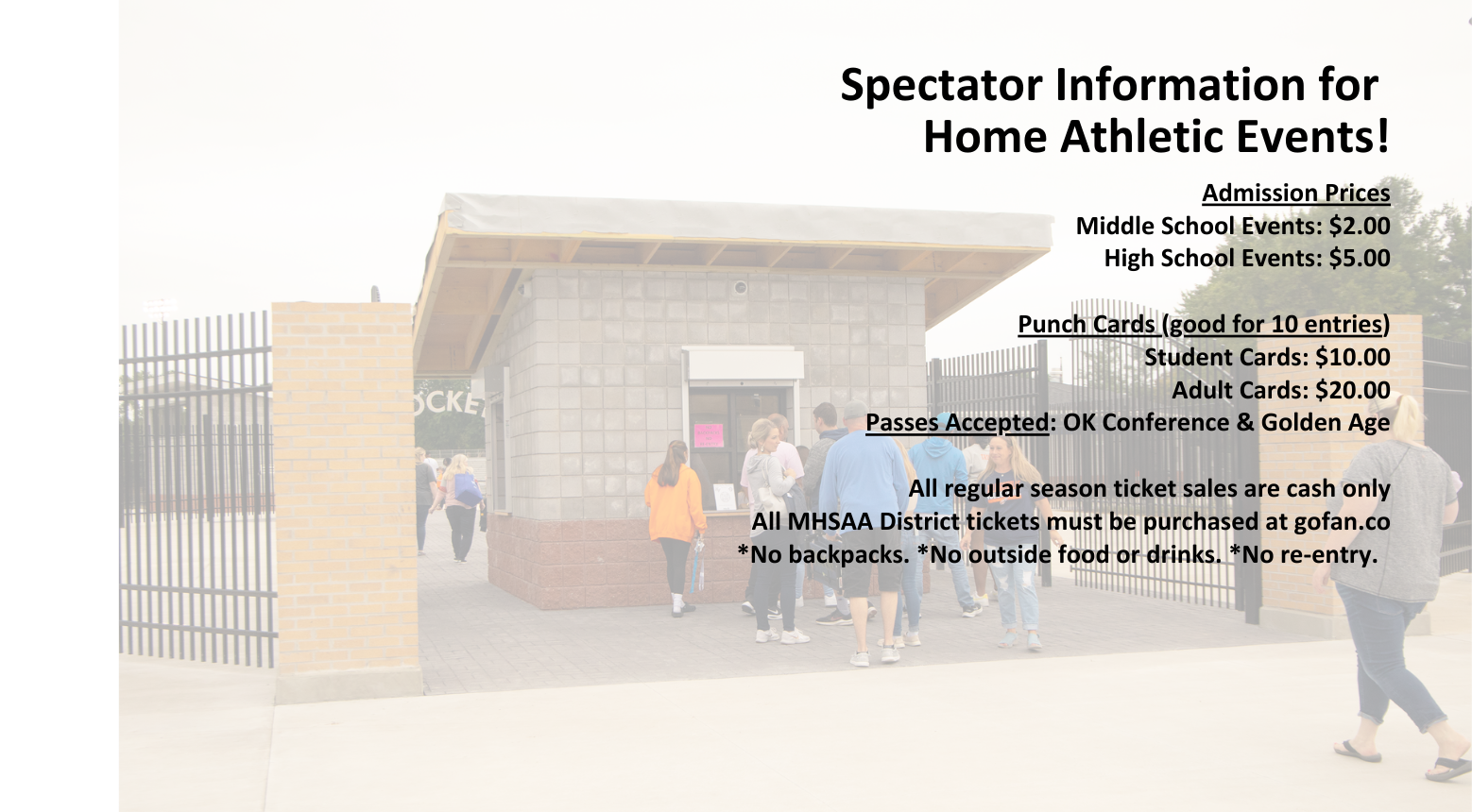 Spectator information with football field entrance backdrop