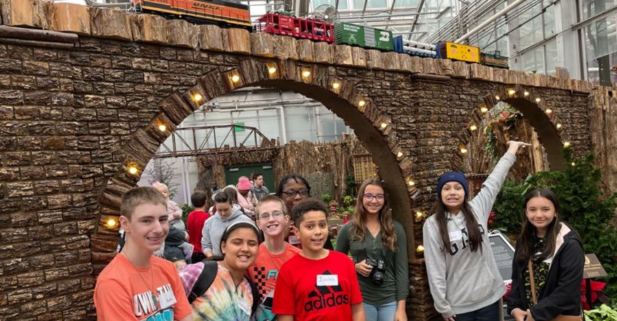 KVS Students with a train at Frederick Meijer Gardens.