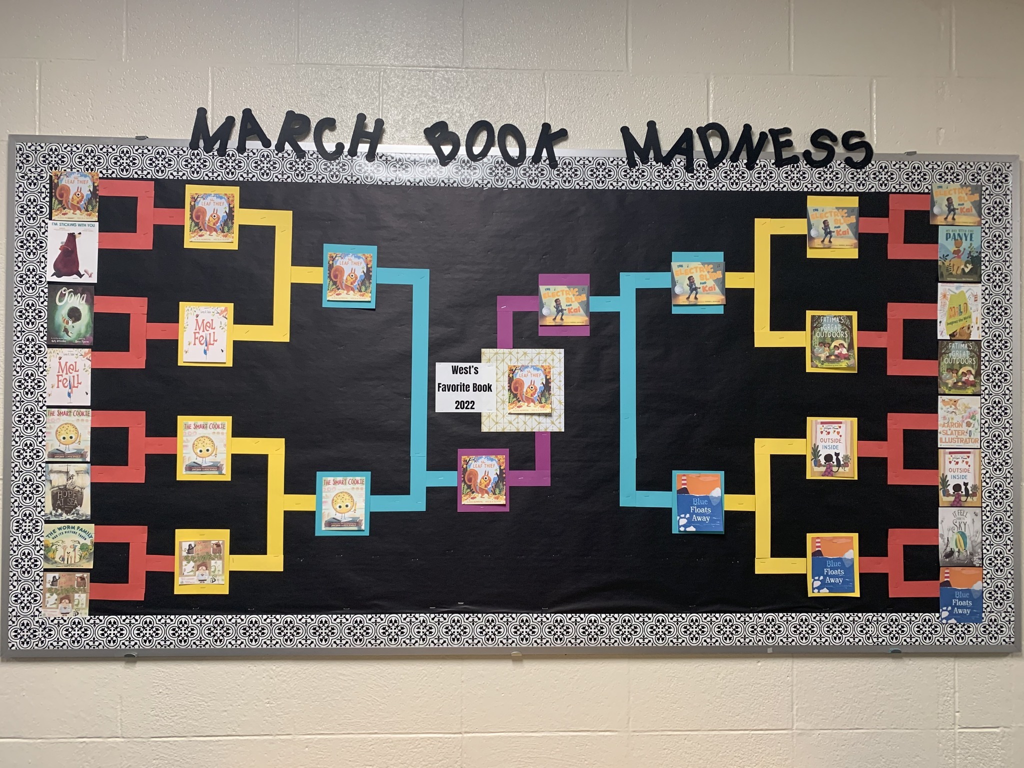 West Kelloggsville students wrapped up their March Book Madness right before spring break! They started with a bracket of 16 books that were published this past year and through voting they narrowed it down to their favorite book, The Leaf Thief by Alice Hemming. Each class also worked on their retelling skills by choosing one of the 16 books and making a large display showing the setting, characters, and events from that story.