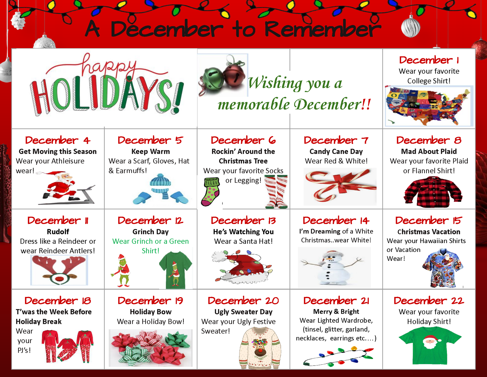 December 2023 Calendar dress-up days